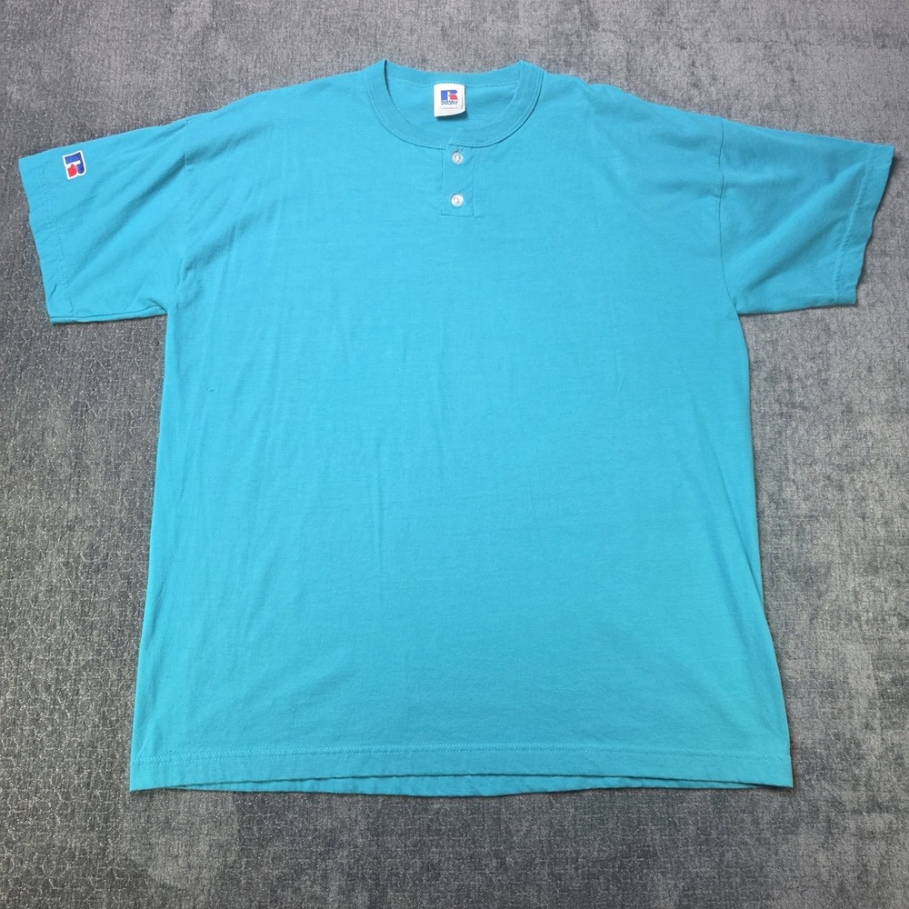 Vtg Russell Athletic Henley T Shirt Mens XL Extra Large Blue Turquoise Blank